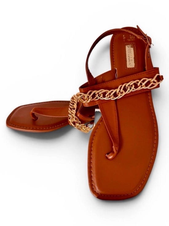 Primark Shoes - Primark Tan Gold Chain Thong Ankle Strap Flat Sandals Size 9